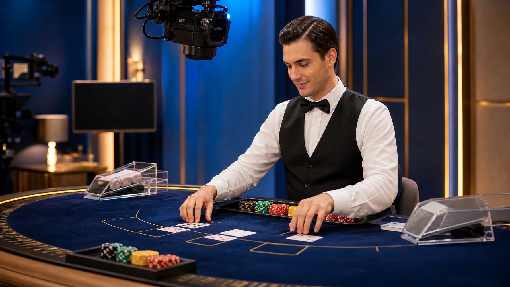 Dealer profesional menata kartu dan chip di meja baccarat dalam lingkungan kasino modern.
