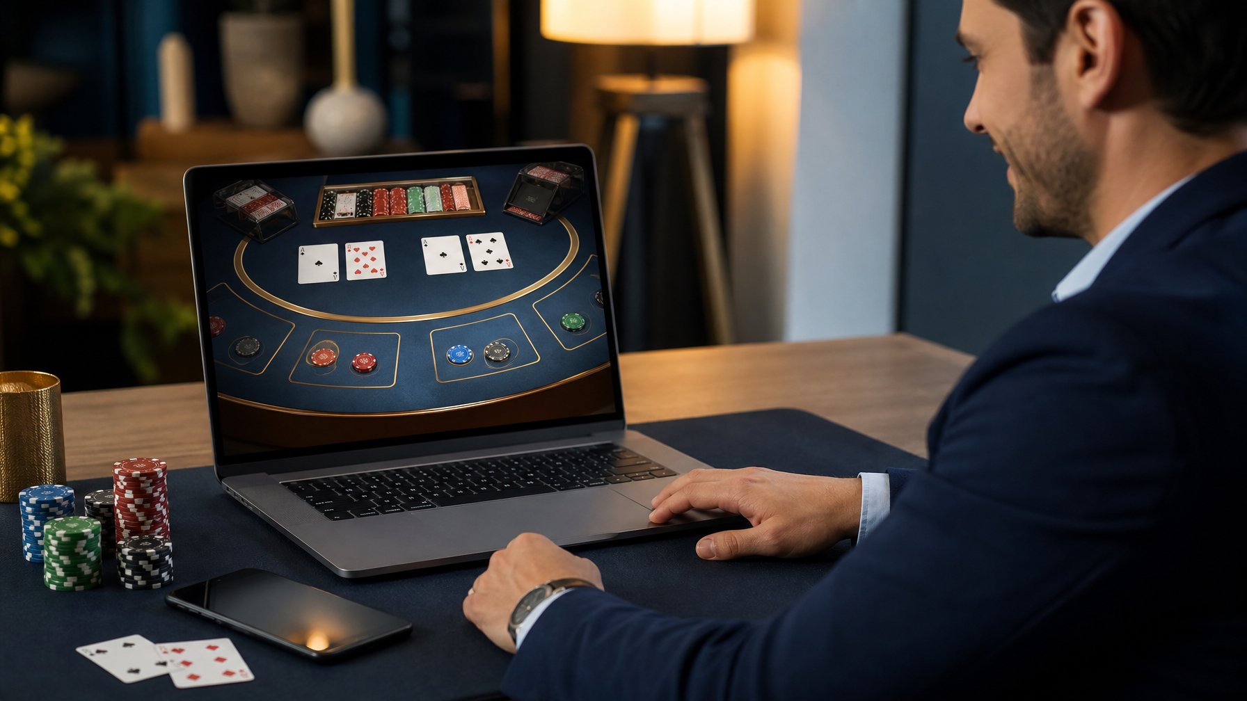 Seseorang melihat permainan baccarat daring di laptop pada meja modern dengan kartu dan chip di sekitarnya.