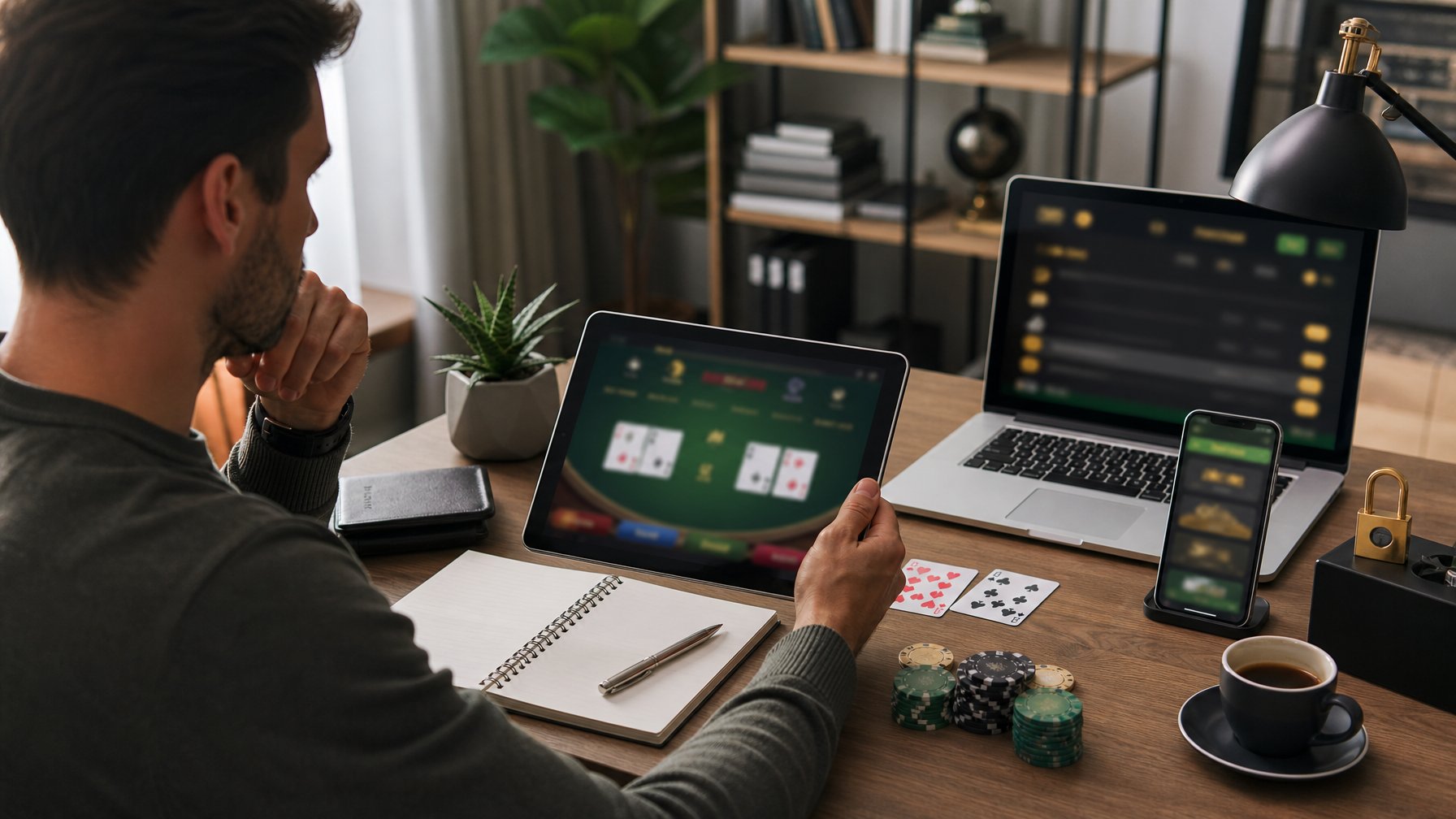 Seseorang mempelajari permainan baccarat daring di meja kerja dengan tablet, kartu, dan keping kasino.