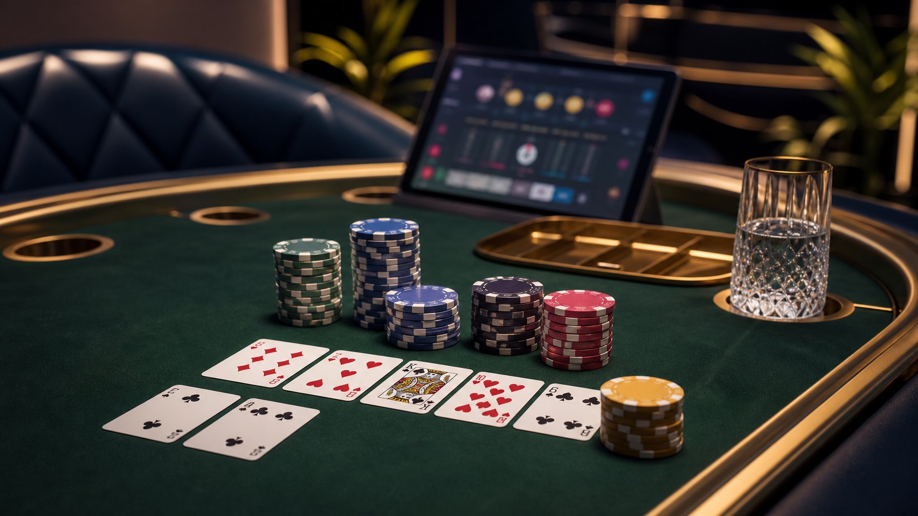 Meja baccarat elegan dengan kartu, keping taruhan, dan perangkat digital di latar belakang.