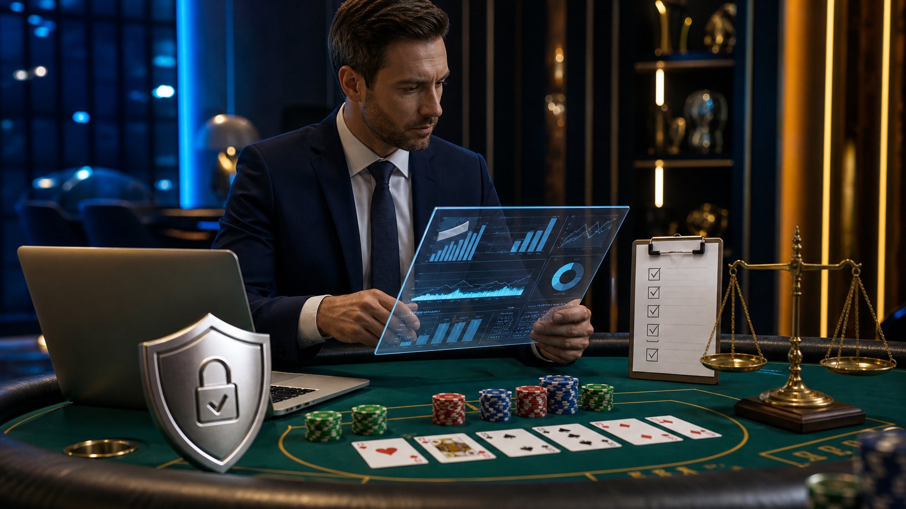 Seorang profesional menilai keamanan dan transparansi platform baccarat di meja kasino dengan kartu, chip, laptop, dan simbol verifikasi.