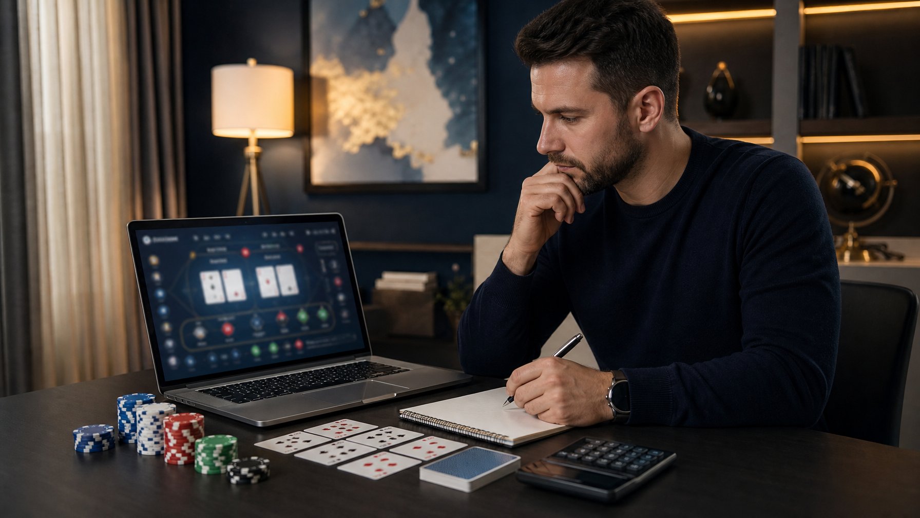 Seseorang menganalisis permainan baccarat di meja kerja dengan kartu, chip kasino, laptop, dan catatan kosong.