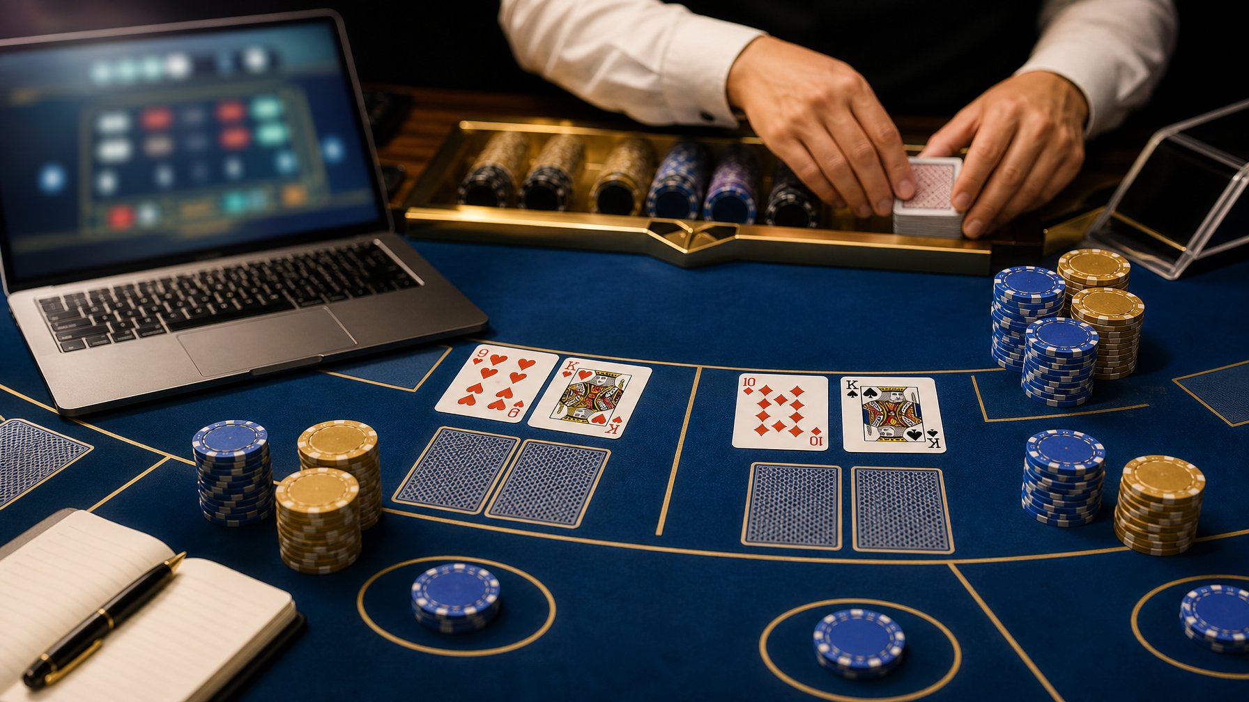 Meja baccarat modern dengan kartu, keping kasino, dan perangkat digital yang menampilkan antarmuka permainan secara samar.