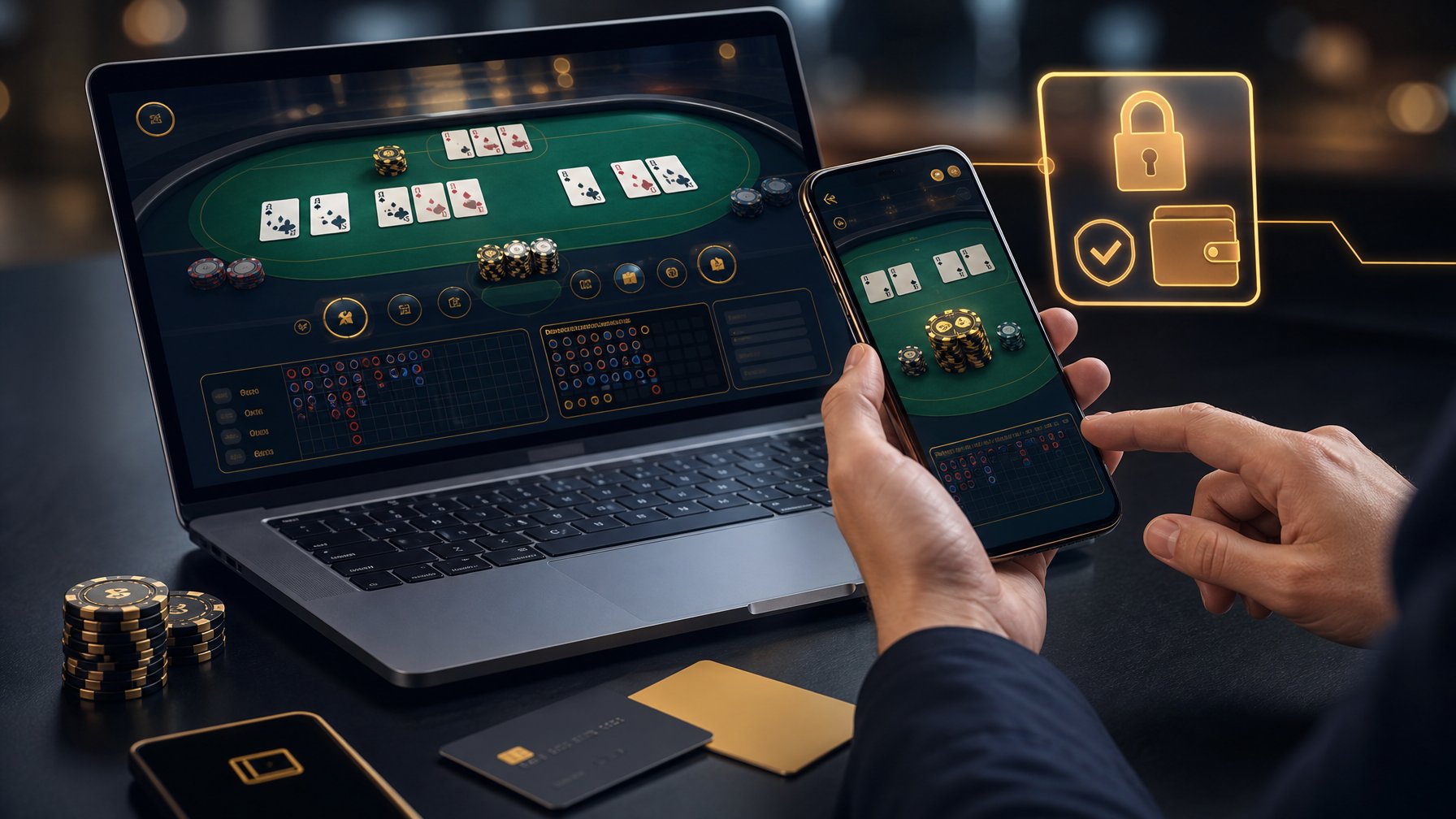 Perangkat laptop dan ponsel menampilkan antarmuka permainan baccarat digital dengan kartu, chip, dan simbol pembayaran abstrak.