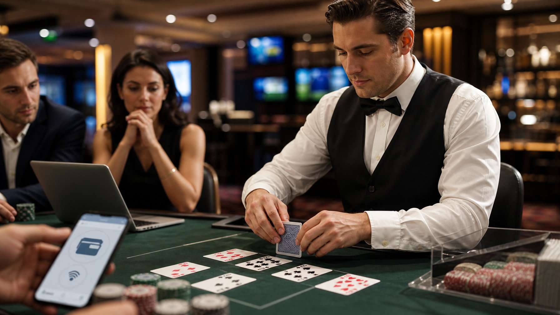 Dealer memperlihatkan kartu baccarat di meja sementara beberapa pemain mengamati dan perangkat digital berada di latar belakang.