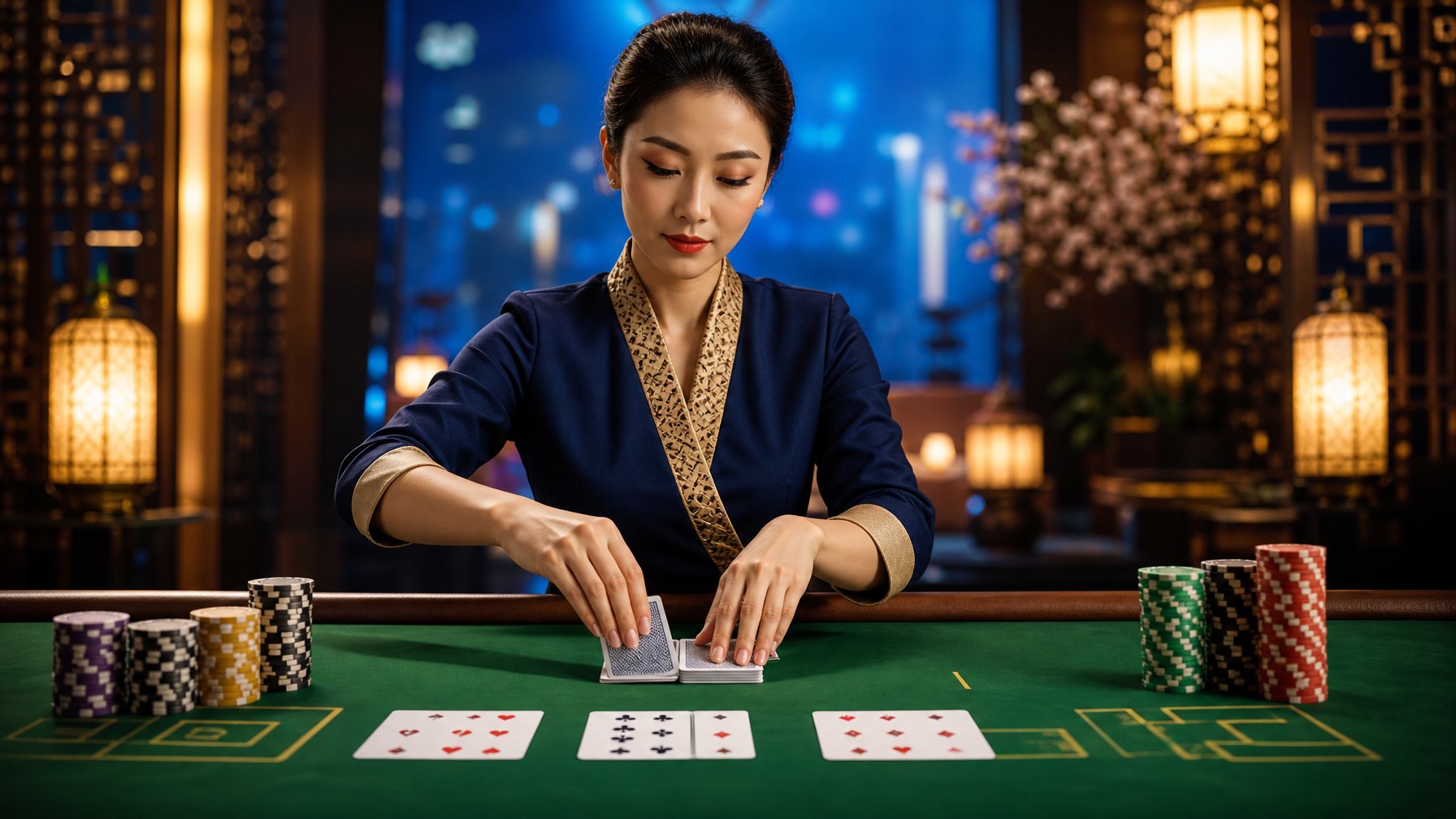 Meja baccarat elegan dengan kartu dan tumpukan chip di ruang kasino modern bernuansa Asia.