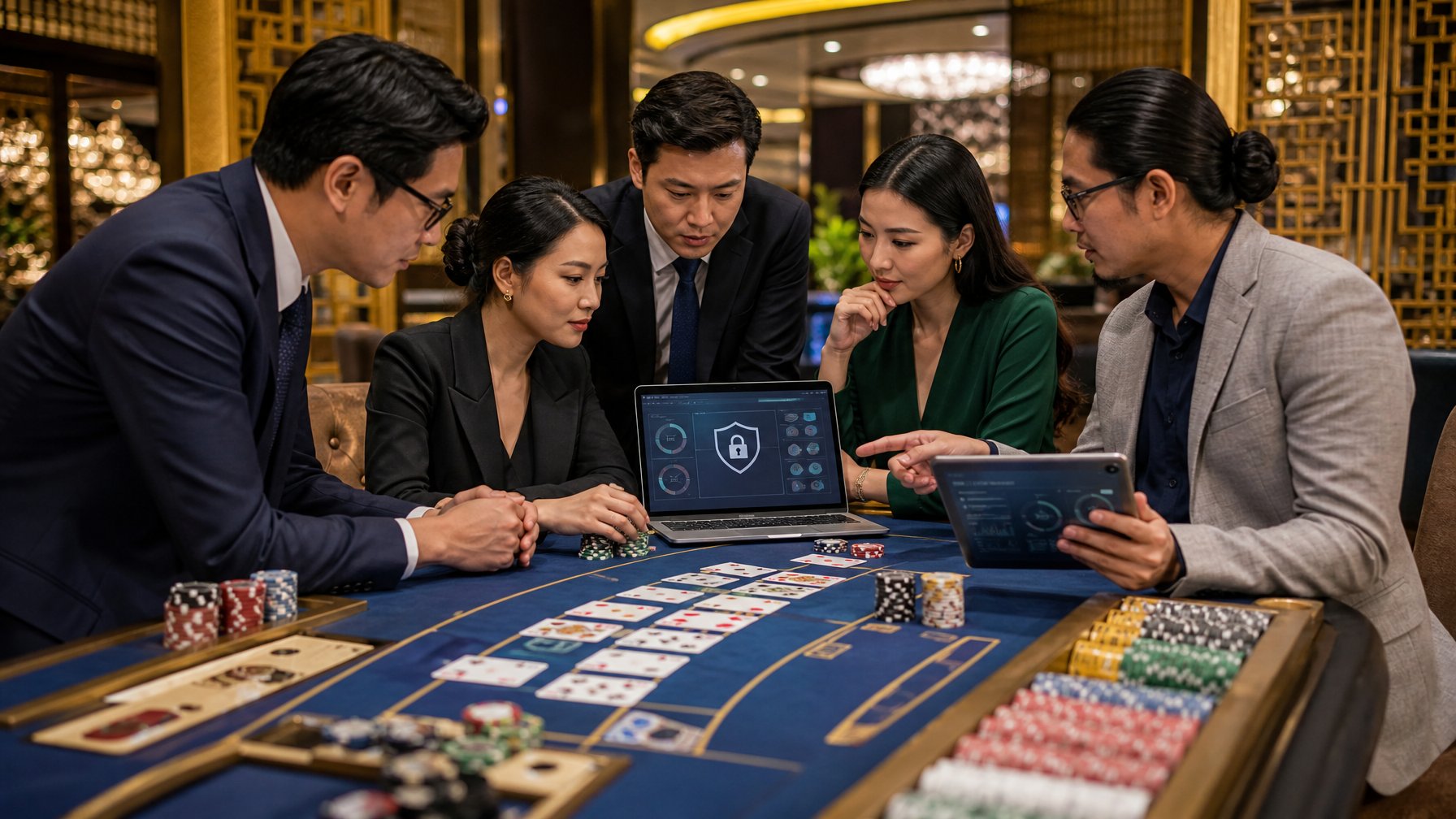 Sekelompok orang dewasa menilai platform baccarat di meja kasino dengan kartu, chip, laptop, dan tablet.