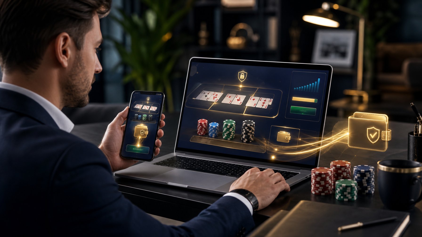 Seseorang menggunakan laptop dan ponsel dengan tampilan permainan baccarat serta proses penarikan dana digital yang cepat dan aman.
