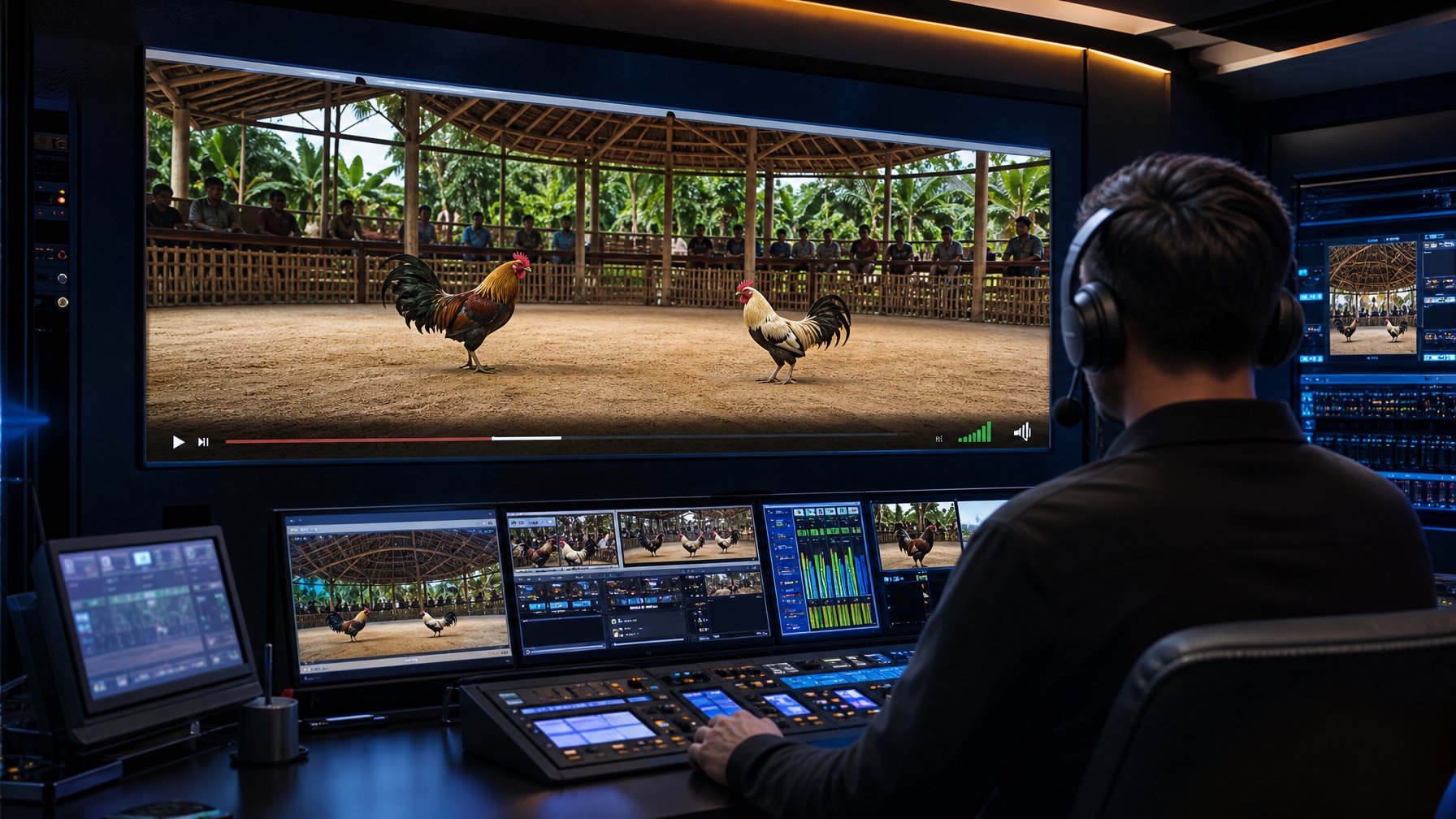 Ruang kontrol siaran modern menampilkan arena ayam jantan secara langsung di beberapa layar.