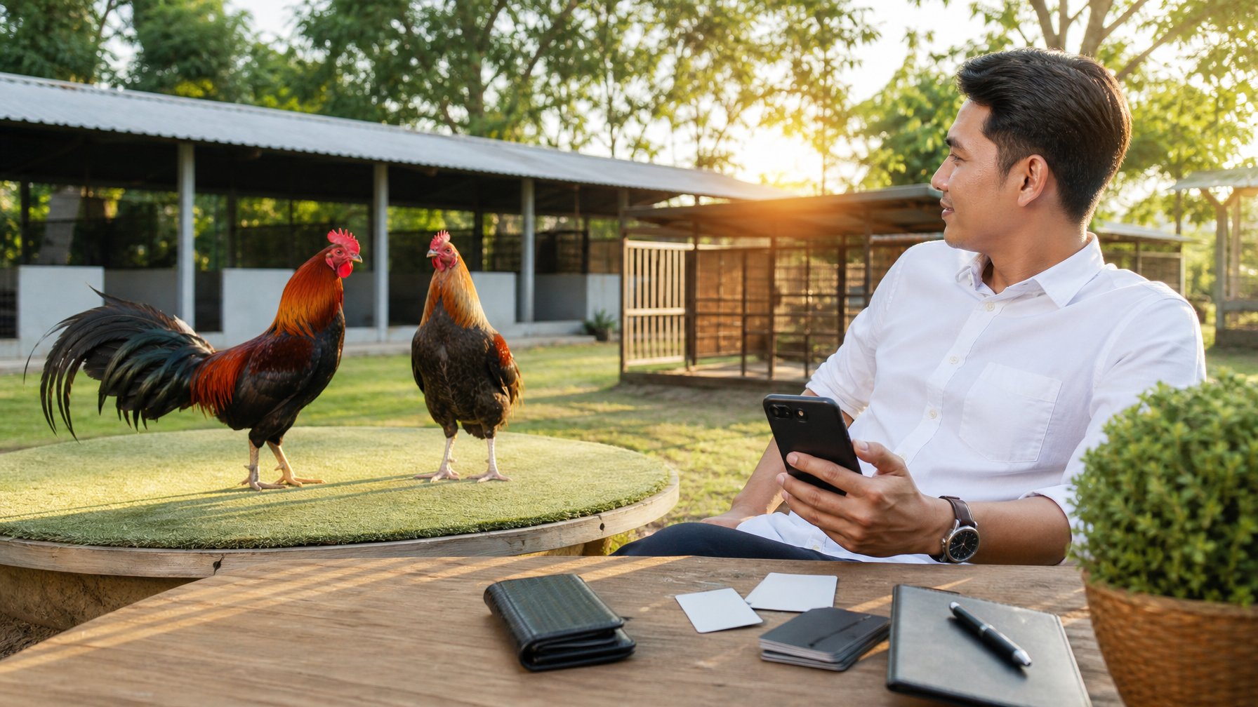 Seorang pria mengamati dua ayam jantan yang sehat di lingkungan peternakan yang bersih.
