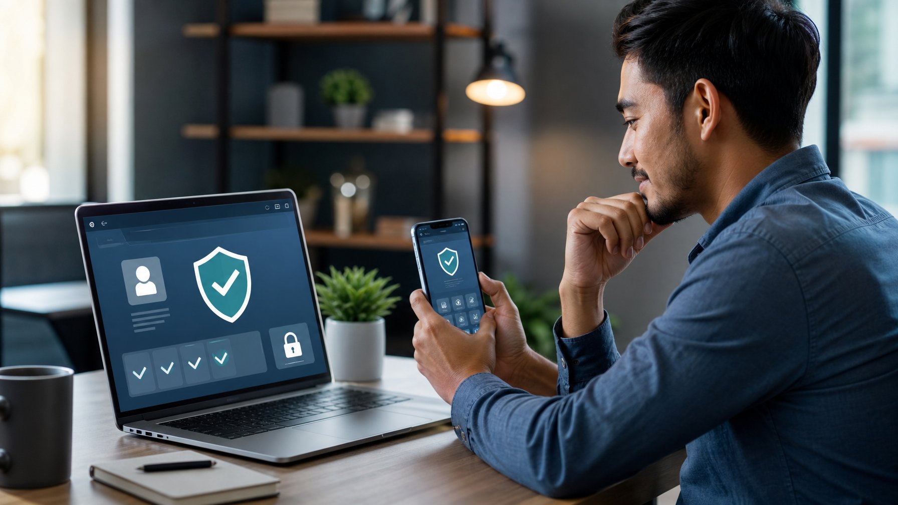 Seseorang memeriksa keamanan platform digital melalui laptop dan ponsel di meja kerja modern.