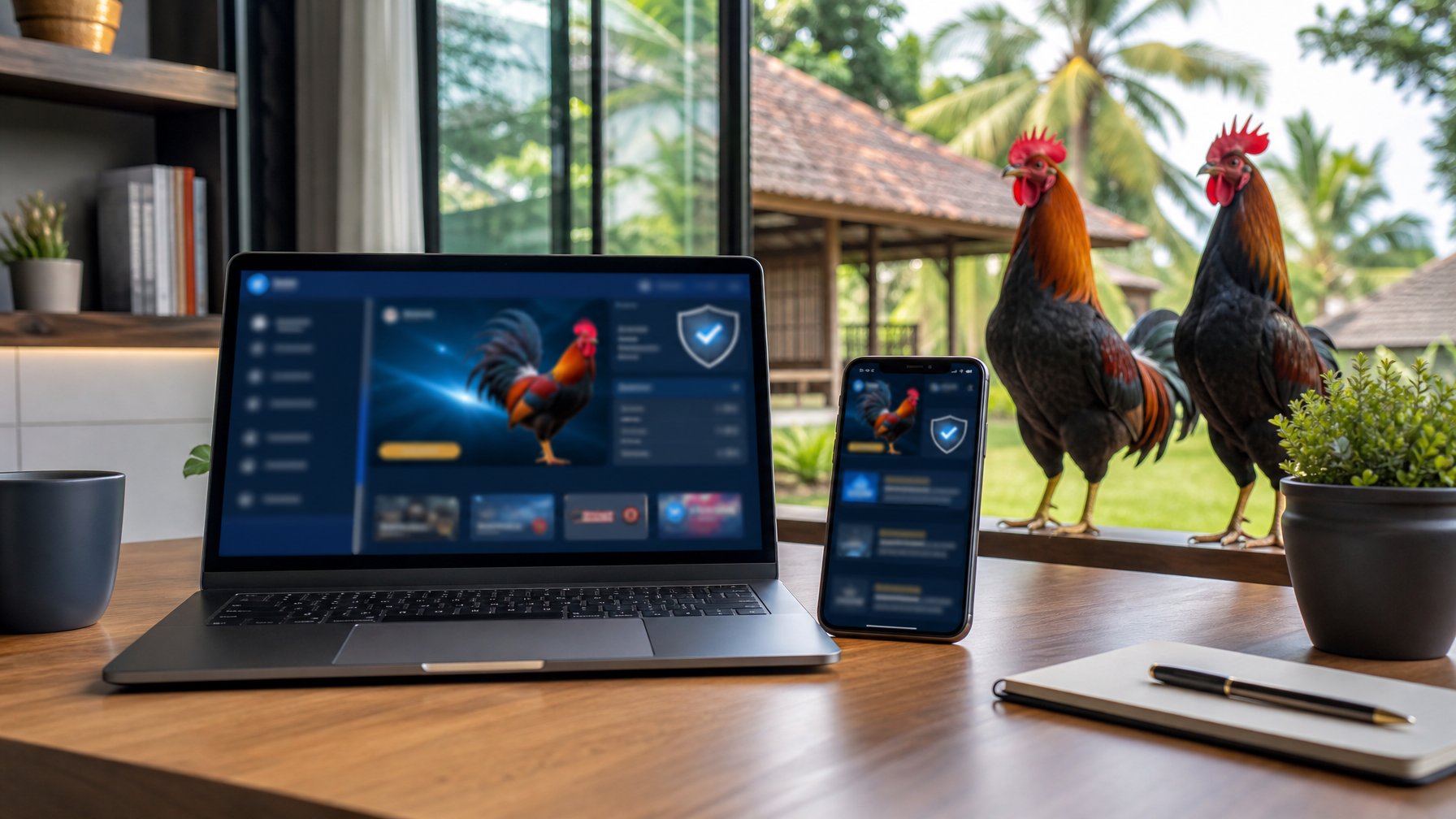 Laptop dan ponsel menampilkan antarmuka abstrak di dekat dua ayam jantan yang berdiri tenang dalam suasana rumah modern.