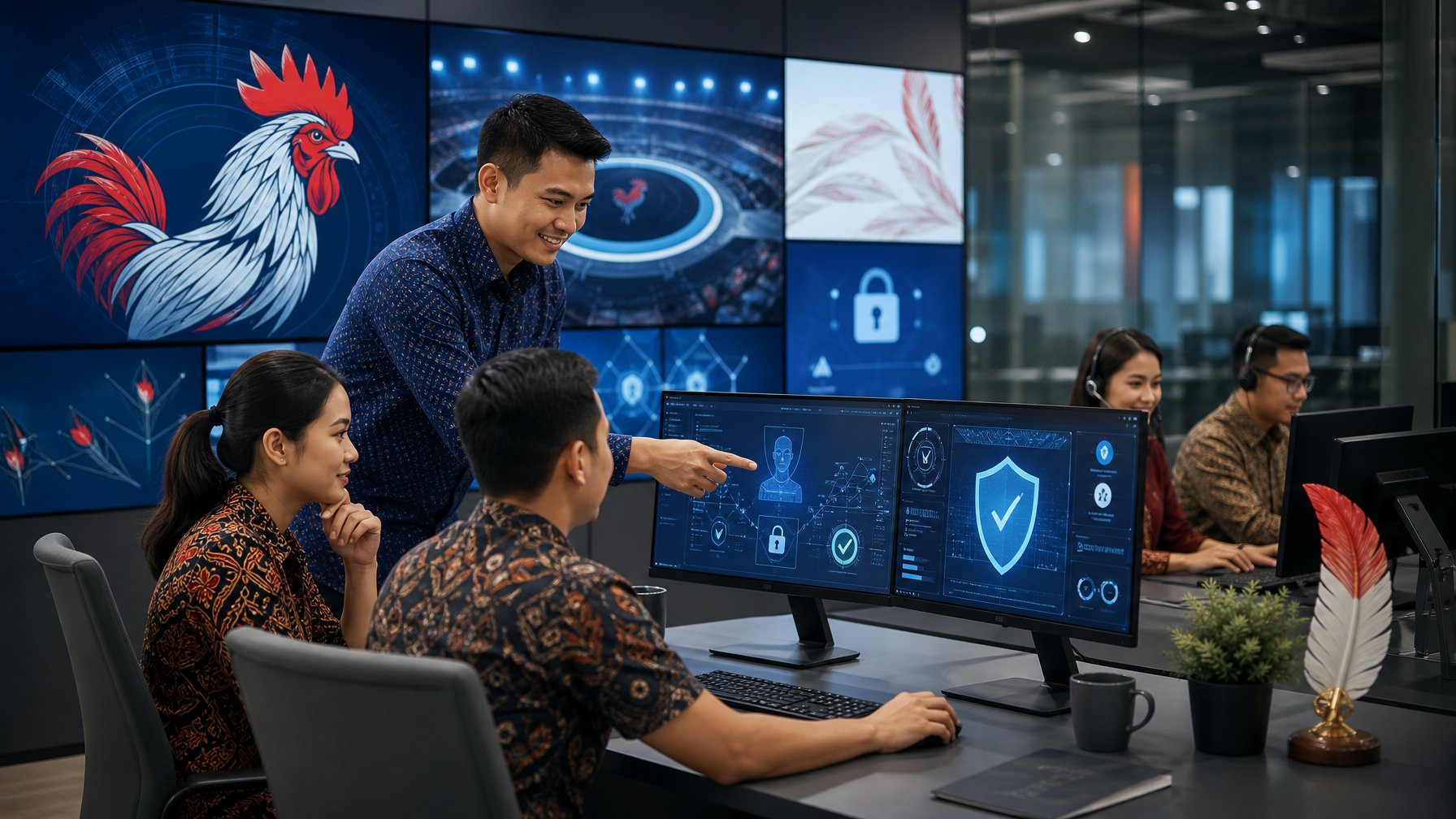 Tim profesional Indonesia memantau platform digital yang aman dengan simbol perlindungan data dan kepatuhan.