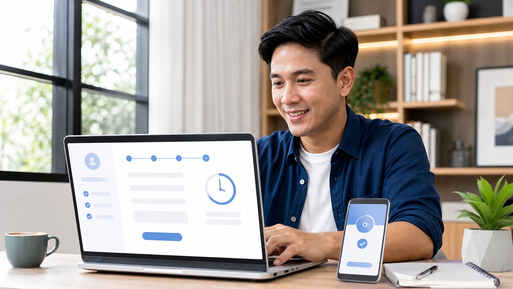 Seseorang menggunakan laptop untuk mendaftarkan akun secara online di meja kerja.