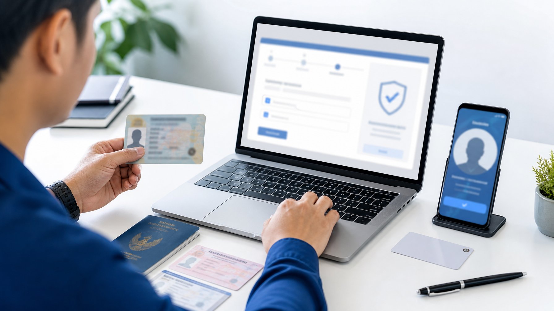 Seseorang memeriksa dokumen identitas di samping laptop dan ponsel untuk proses verifikasi akun.