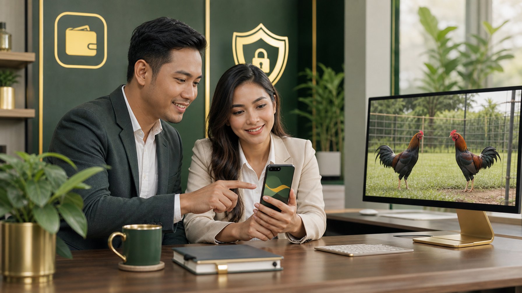 Dua orang dewasa melihat tampilan abstrak di ponsel dalam ruang kerja modern, dengan gambar ayam jantan di layar latar belakang.
