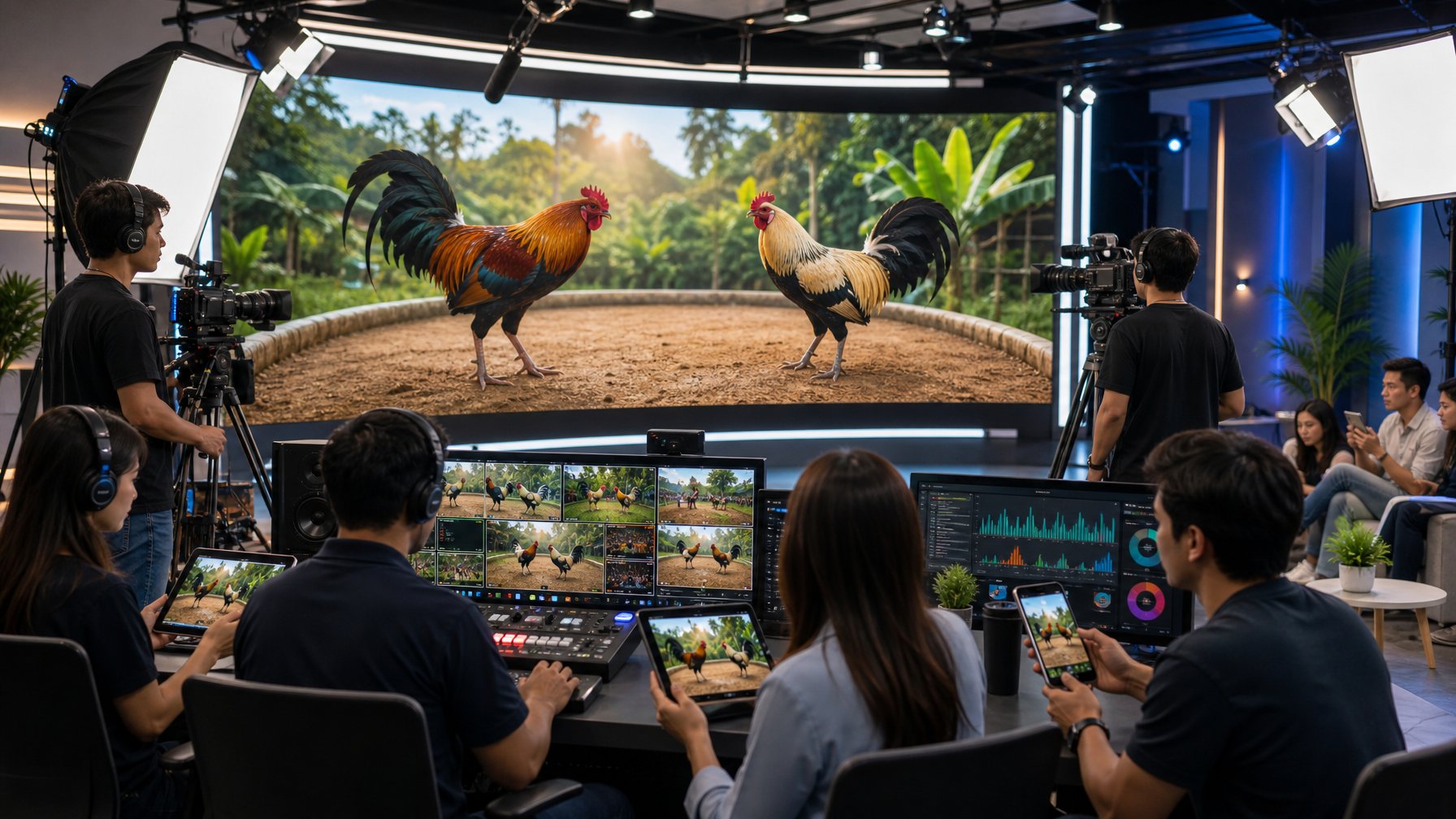 Tim produksi memantau siaran langsung ayam jantan melalui berbagai perangkat di studio modern.