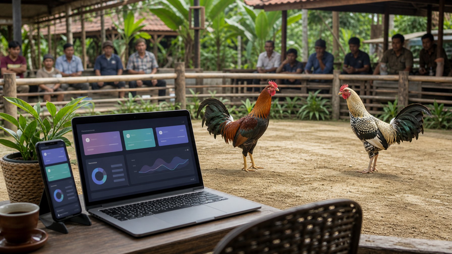 Dua ayam jago sehat berada di arena bersih dengan laptop dan ponsel di meja dekatnya.