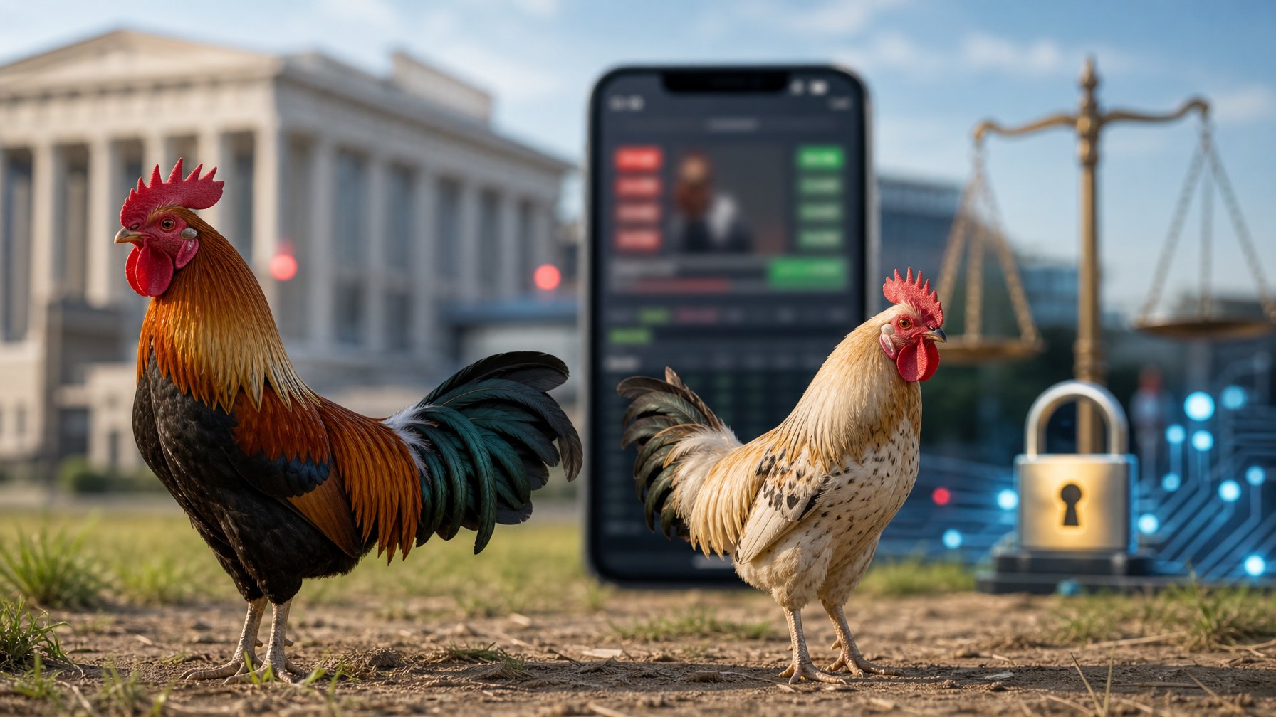 Dua ayam jago berada terpisah di dekat ponsel dengan simbol hukum, keamanan, dan peringatan.