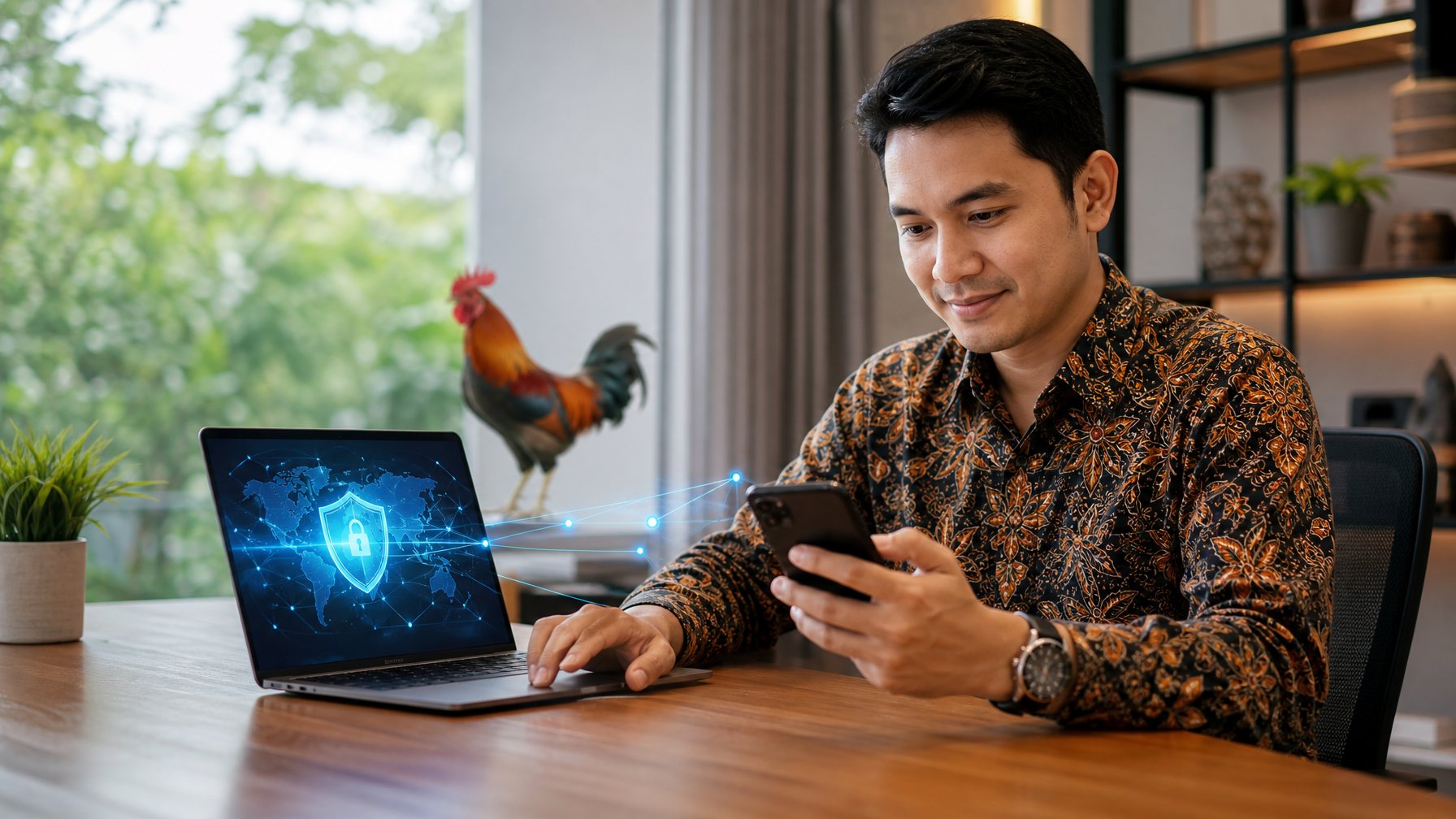 Orang dewasa menggunakan ponsel dan laptop dengan simbol keamanan digital serta ayam jantan di latar belakang.