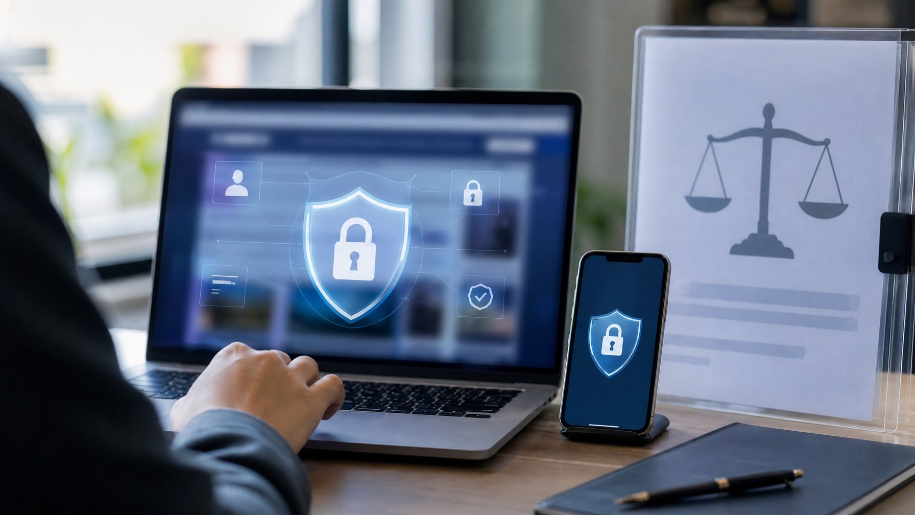 Laptop dan ponsel di meja kerja dengan simbol keamanan digital serta dokumen hukum.