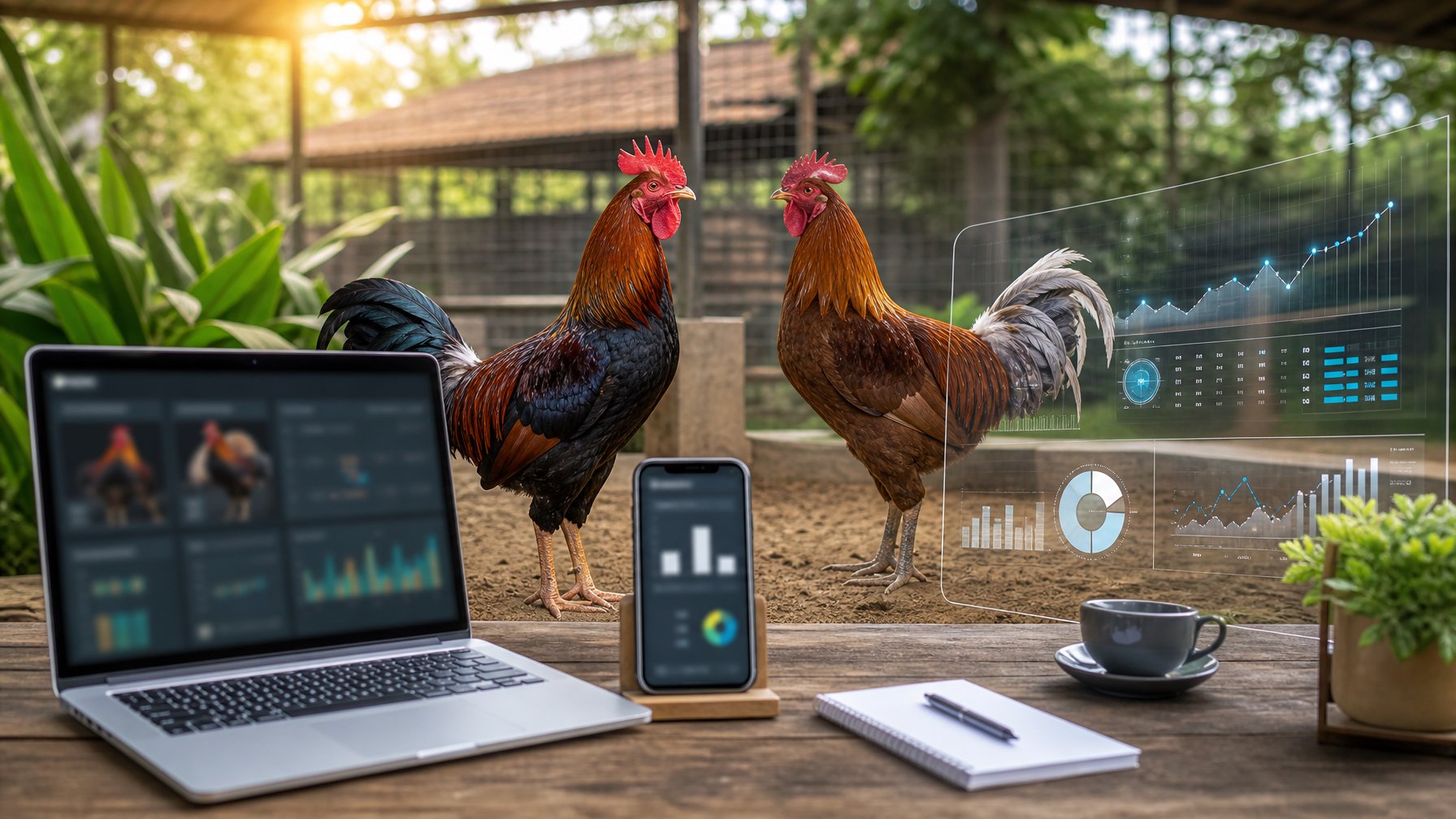 Dua ayam jantan sehat di lingkungan bersih dengan laptop dan ponsel yang menampilkan antarmuka digital abstrak.