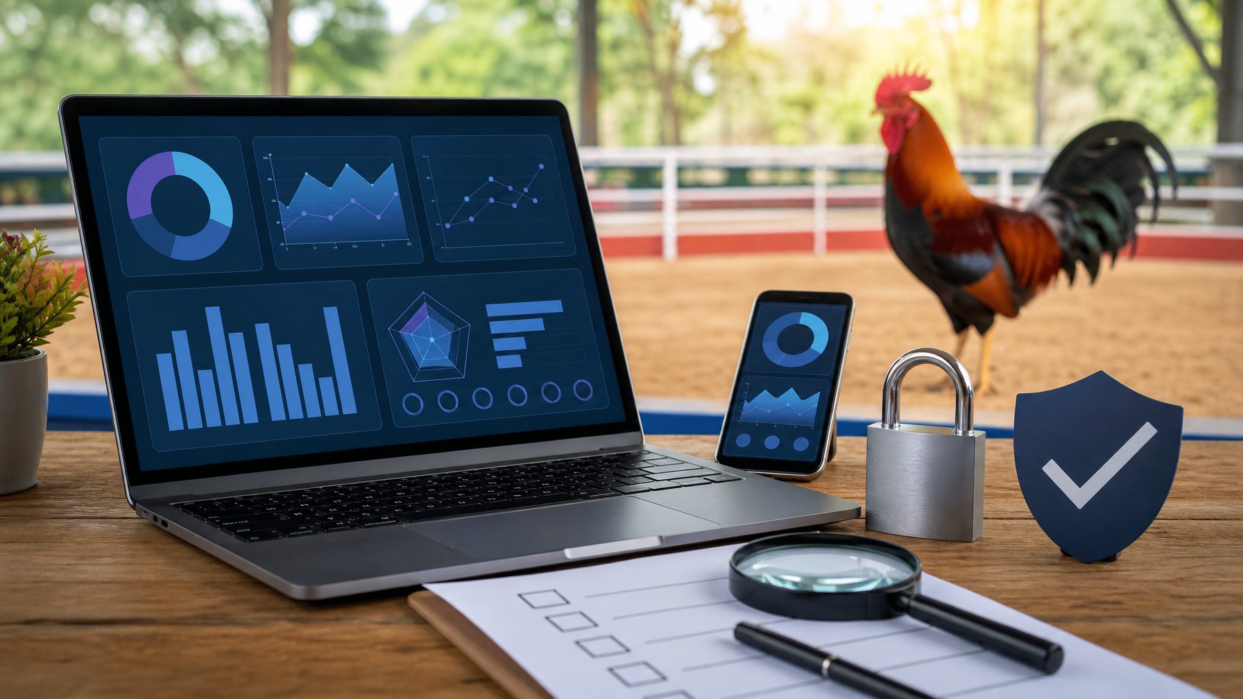 Laptop dengan dashboard analitik abstrak, alat verifikasi, dan ayam jantan sehat di latar arena yang tenang.