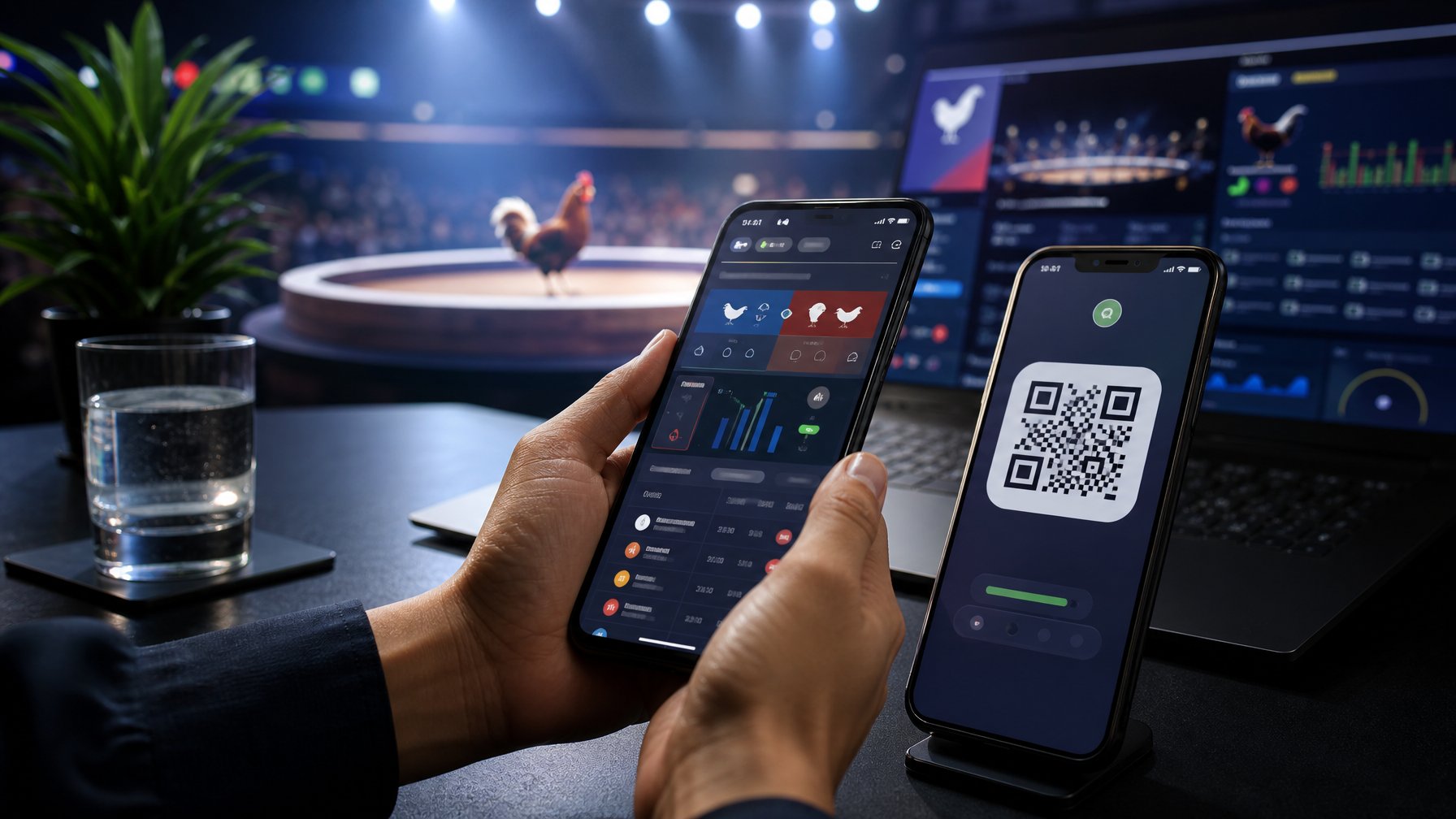 Ponsel menampilkan pembayaran QR dan antarmuka olahraga digital di meja modern, dengan siluet ayam jantan di latar belakang.