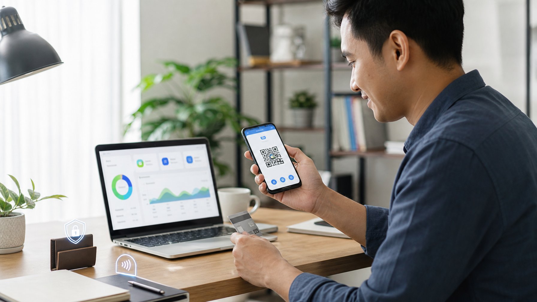 Seseorang menggunakan laptop dan ponsel untuk meninjau layanan digital serta pembayaran melalui kode QR.