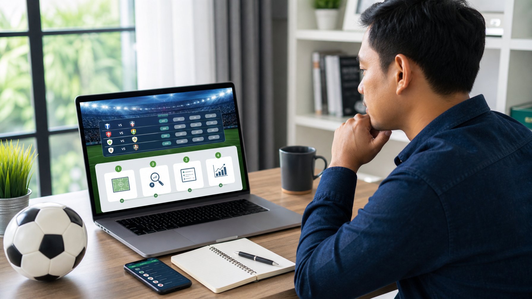 Seorang pemula mempelajari analisis pertandingan sepak bola melalui laptop di meja kerja modern.