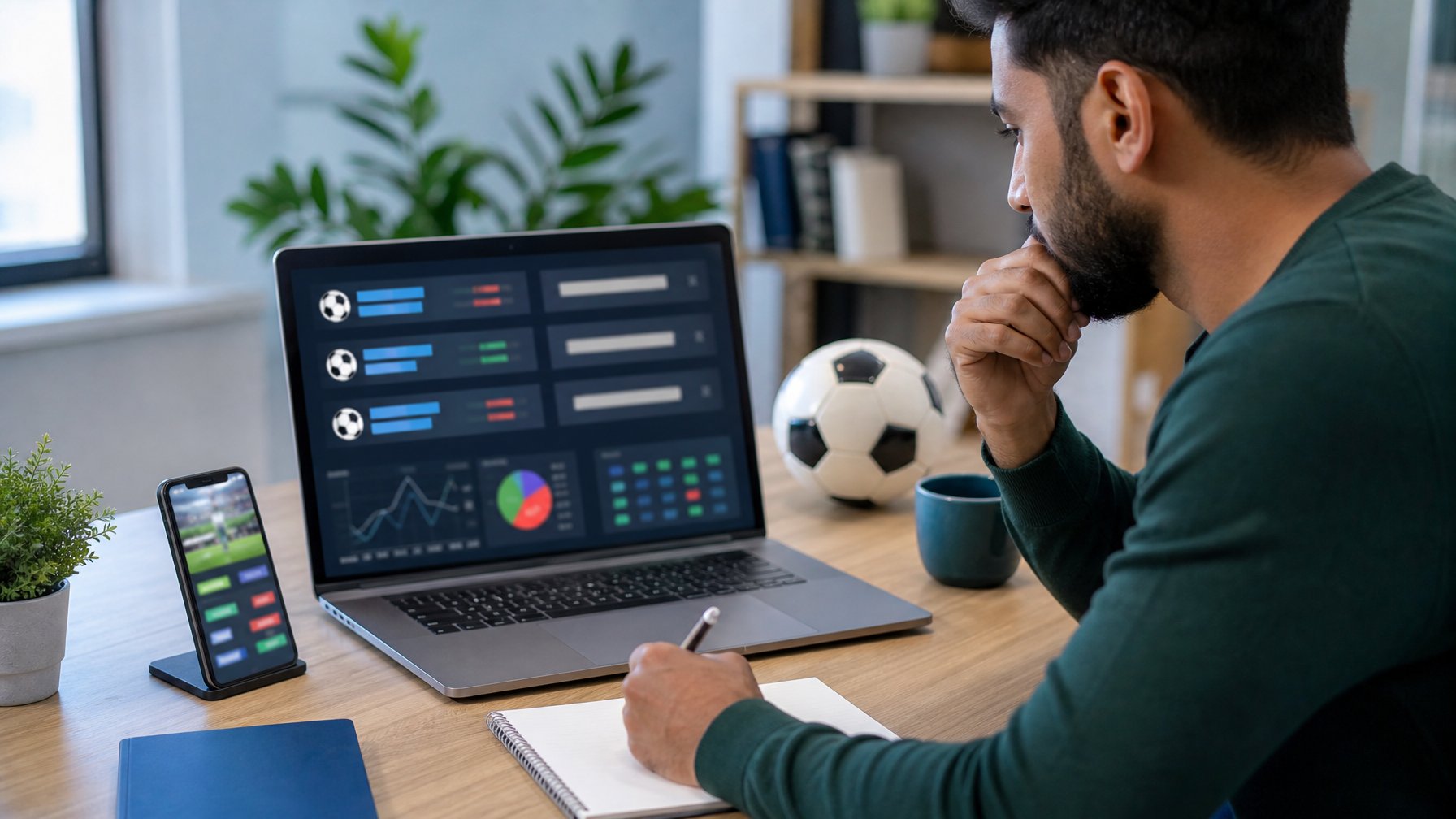 Pemula mempelajari indikator pasar dan odds sepak bola di laptop pada meja kerja modern.