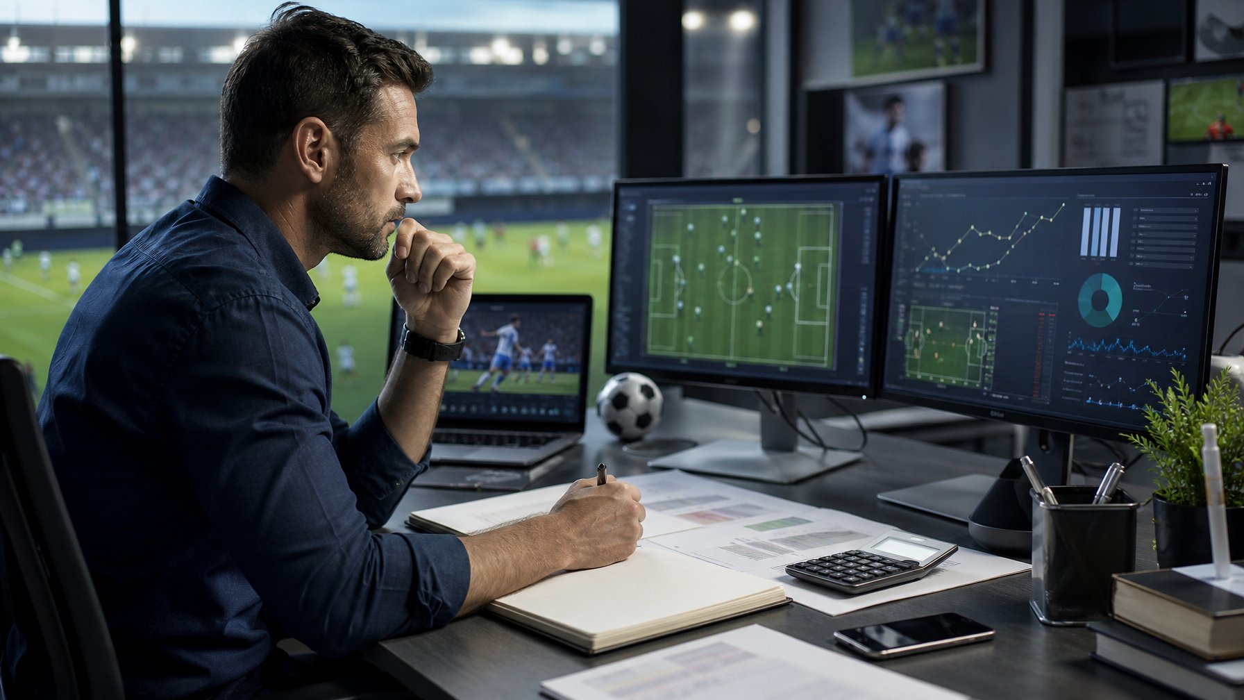 Analis olahraga meninjau statistik pertandingan sepak bola di meja kerja dengan beberapa layar analisis.