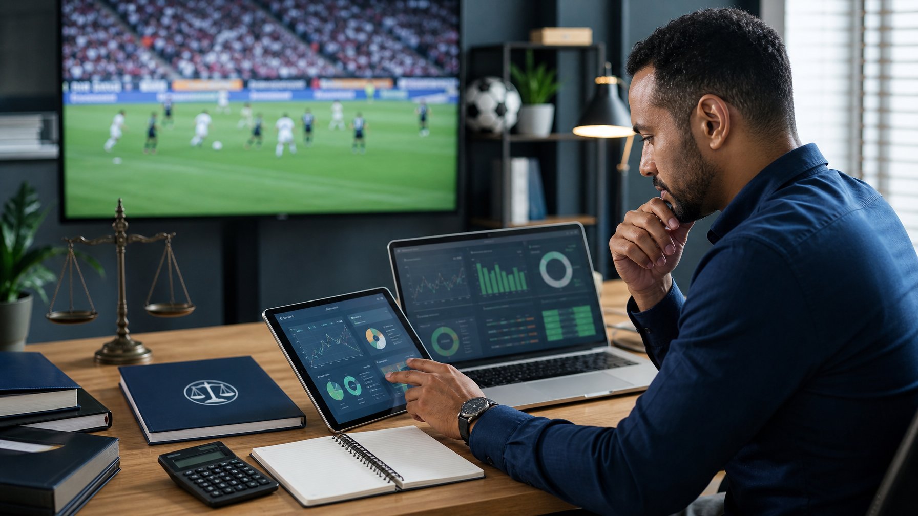 Seorang analis dewasa meninjau statistik pertandingan sepak bola dan indikator risiko di ruang kerja modern.