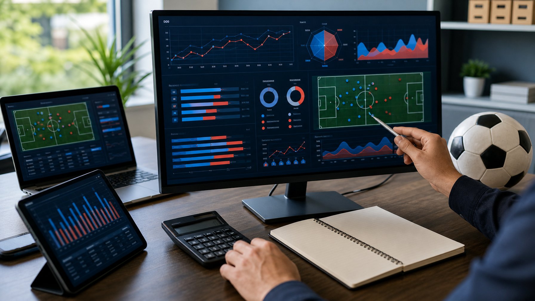 Seorang analis meninjau grafik statistik pertandingan sepak bola di meja kerja dengan laptop, tablet, dan bola.