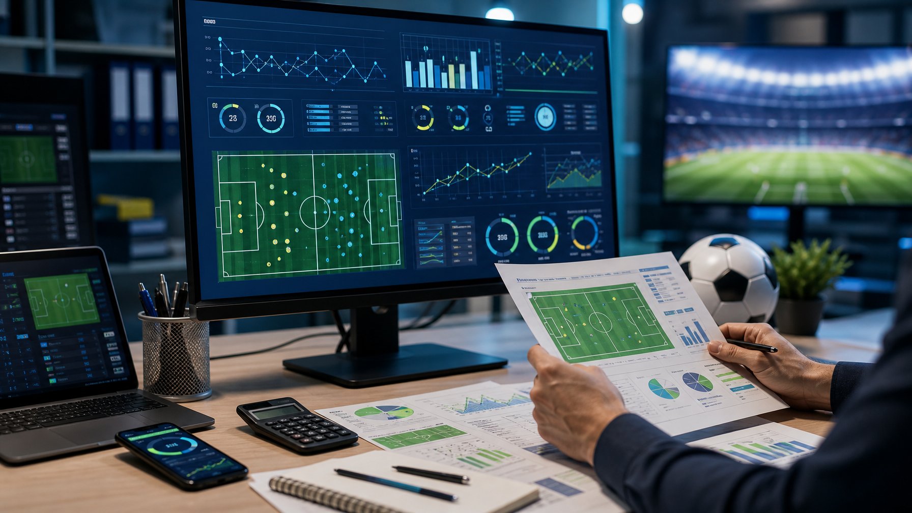 Analis olahraga menganalisis grafik performa pertandingan sepak bola di ruang kerja modern.