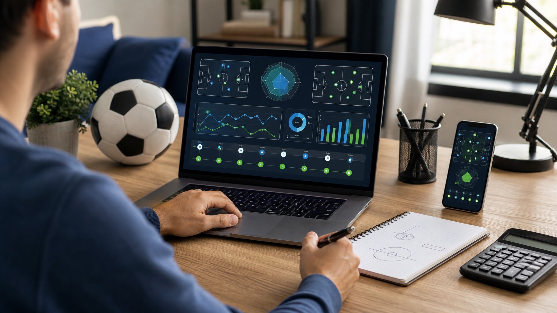 Meja kerja modern dengan laptop berisi grafik analisis sepak bola, bola, buku catatan kosong, kalkulator, dan ponsel.
