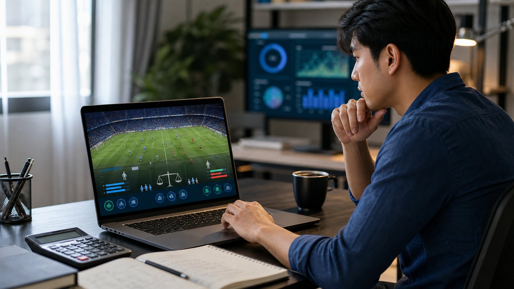 Pemula mempelajari analisis pertandingan sepak bola di meja kerja dengan laptop dan catatan.