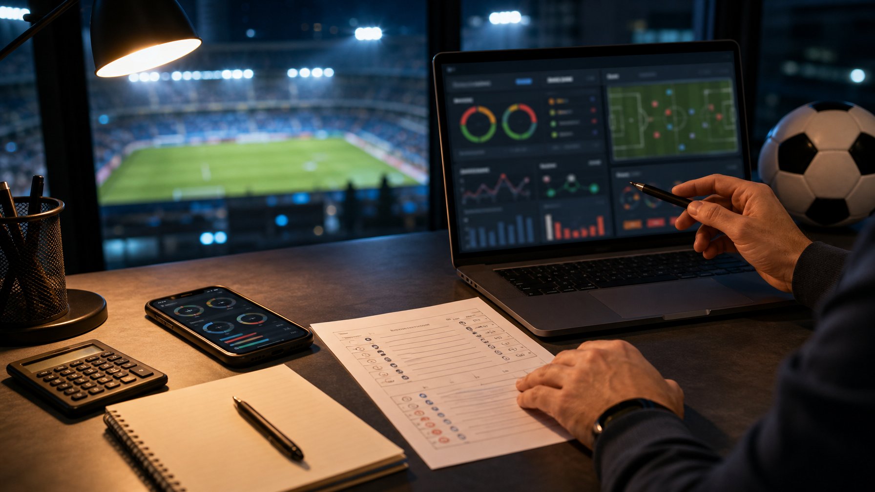 Seseorang menganalisis statistik pertandingan sepak bola di meja kerja pada malam hari.
