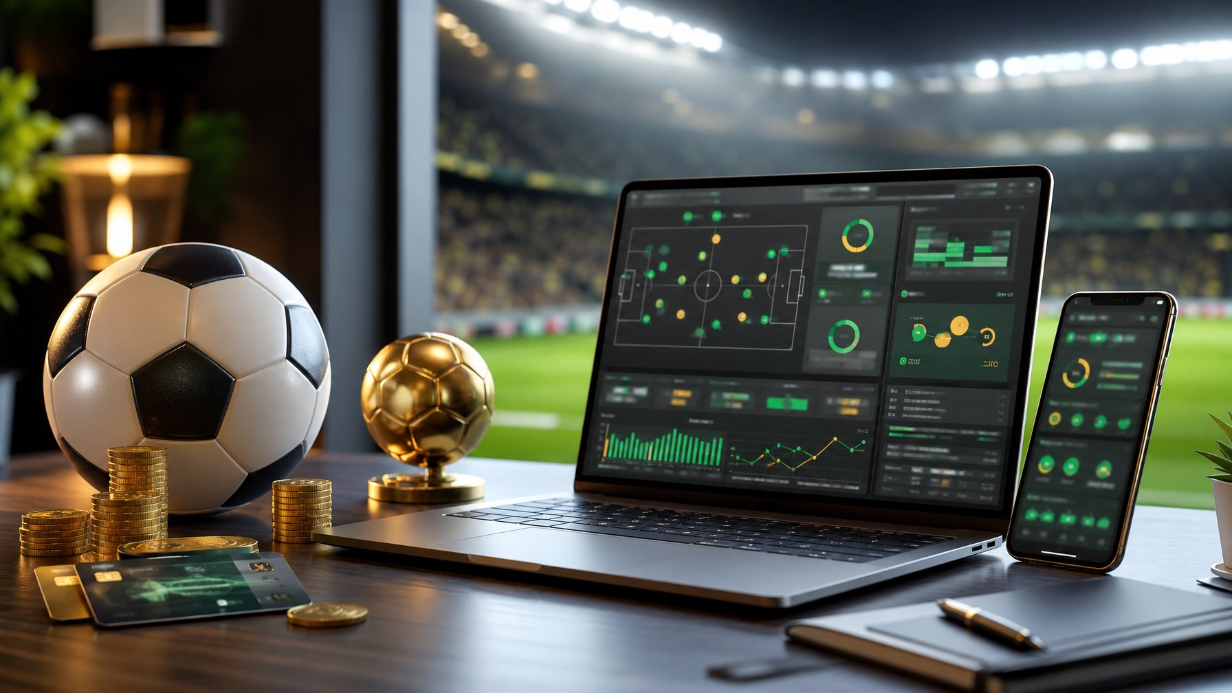 Meja kerja modern dengan laptop dan ponsel yang menampilkan analisis pertandingan sepak bola, bola, serta latar stadion yang buram.