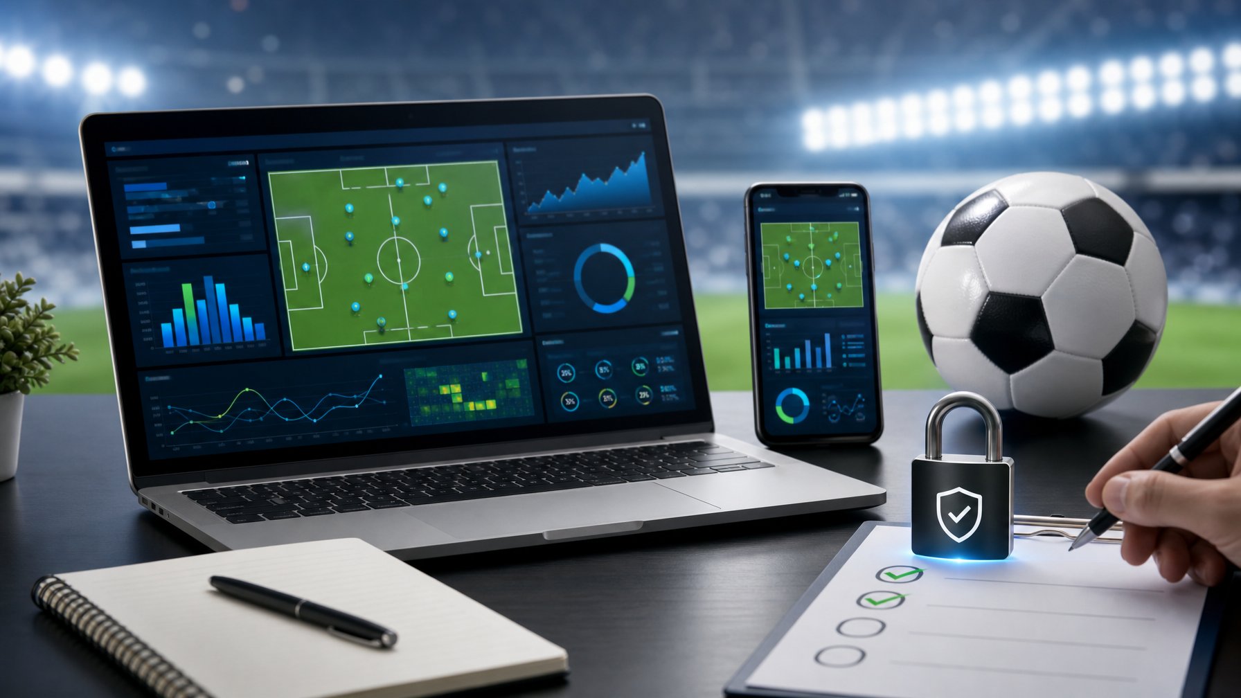 Laptop dan ponsel menampilkan analisis pertandingan sepak bola di meja kerja dengan bola dan simbol keamanan.