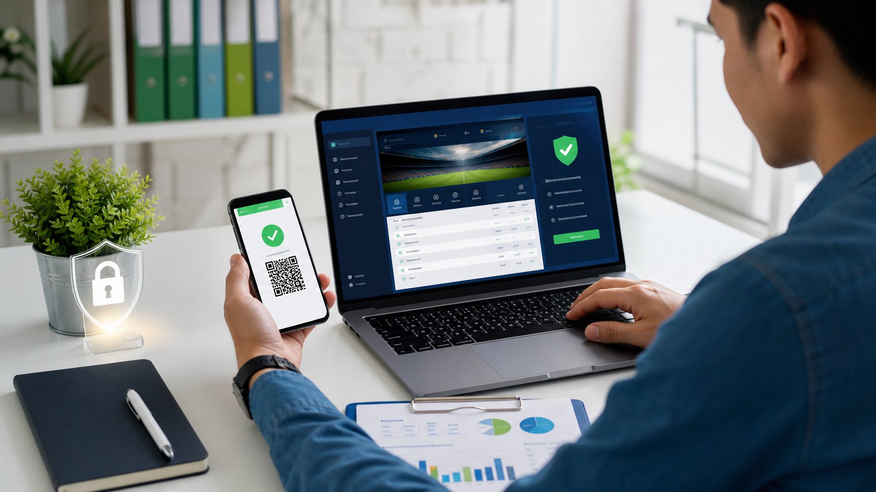 Seseorang memeriksa platform digital yang aman dengan pembayaran QRIS dan dompet elektronik di laptop dan ponsel.