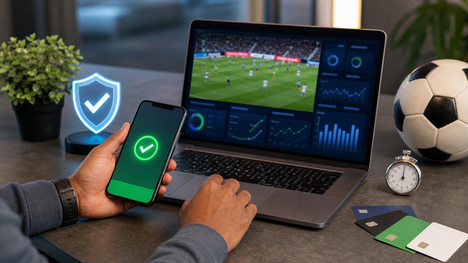 Laptop dan ponsel menampilkan simbol keamanan serta konfirmasi pembayaran di samping bola sepak dan stopwatch.