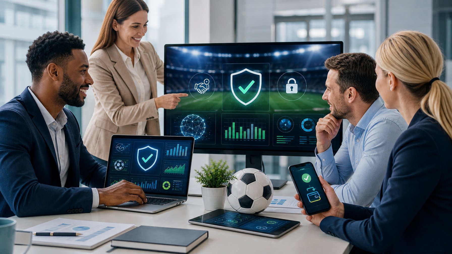 Profesional meninjau keamanan data dan pembayaran digital pada perangkat di ruang kerja modern dengan elemen sepak bola.