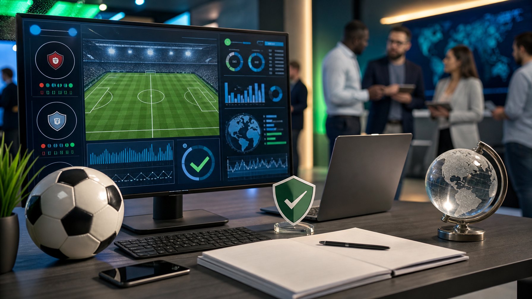 Ruang kerja profesional dengan layar analitik sepak bola, bola, globe, dan simbol verifikasi.
