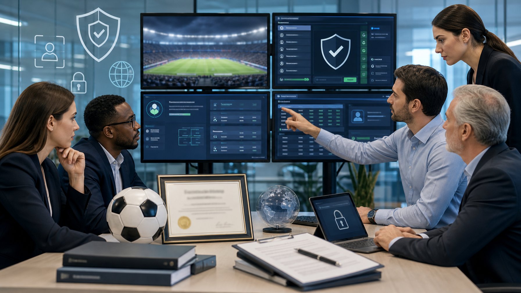 Tim kepatuhan dan keamanan siber meninjau platform taruhan sepak bola daring yang aman di kantor modern.