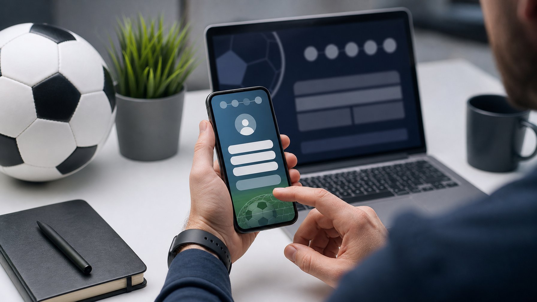 Seseorang mengisi formulir akun digital di ponsel dengan bola sepak di meja.
