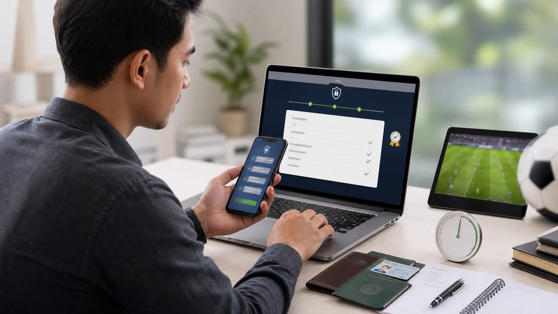 Orang dewasa memeriksa proses pendaftaran platform olahraga resmi menggunakan laptop dan ponsel di meja kerja.