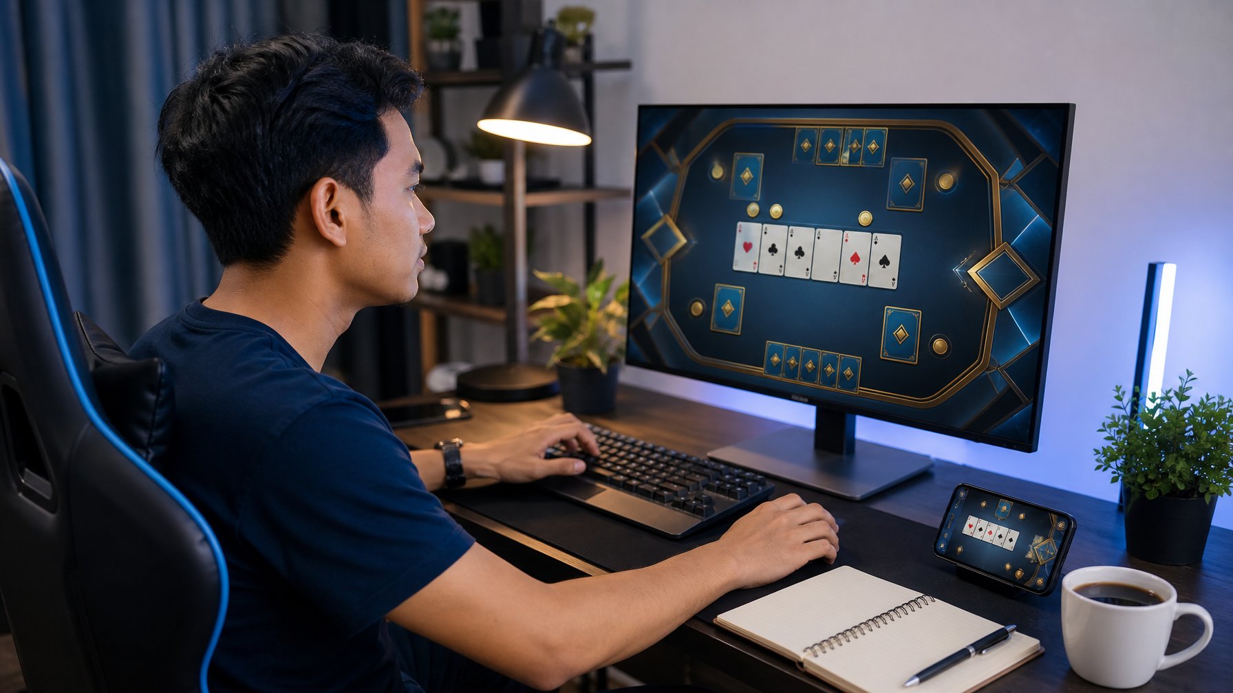 Seorang pemain melihat permainan kartu digital di komputer dalam ruang kerja modern dengan ponsel, buku catatan, dan kopi.