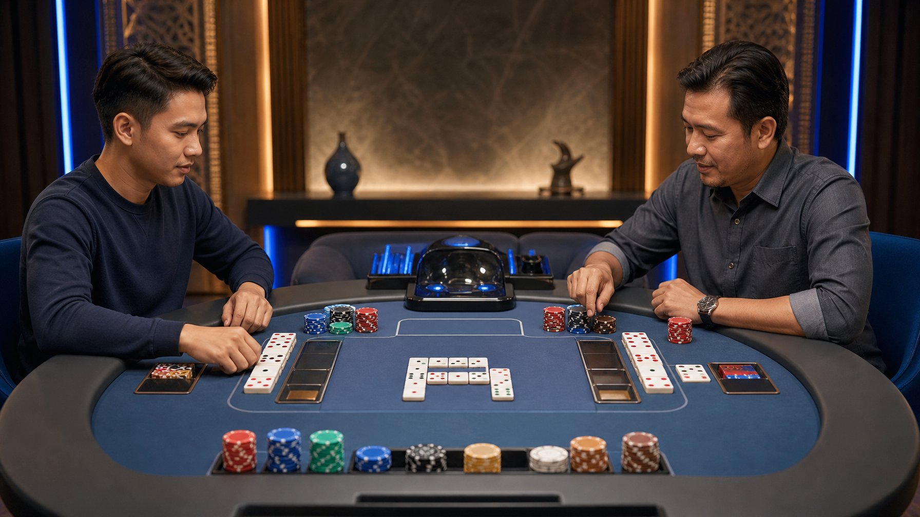 Dua pemain mempelajari permainan domino di meja digital dengan kartu dan keping taruhan yang tertata rapi.