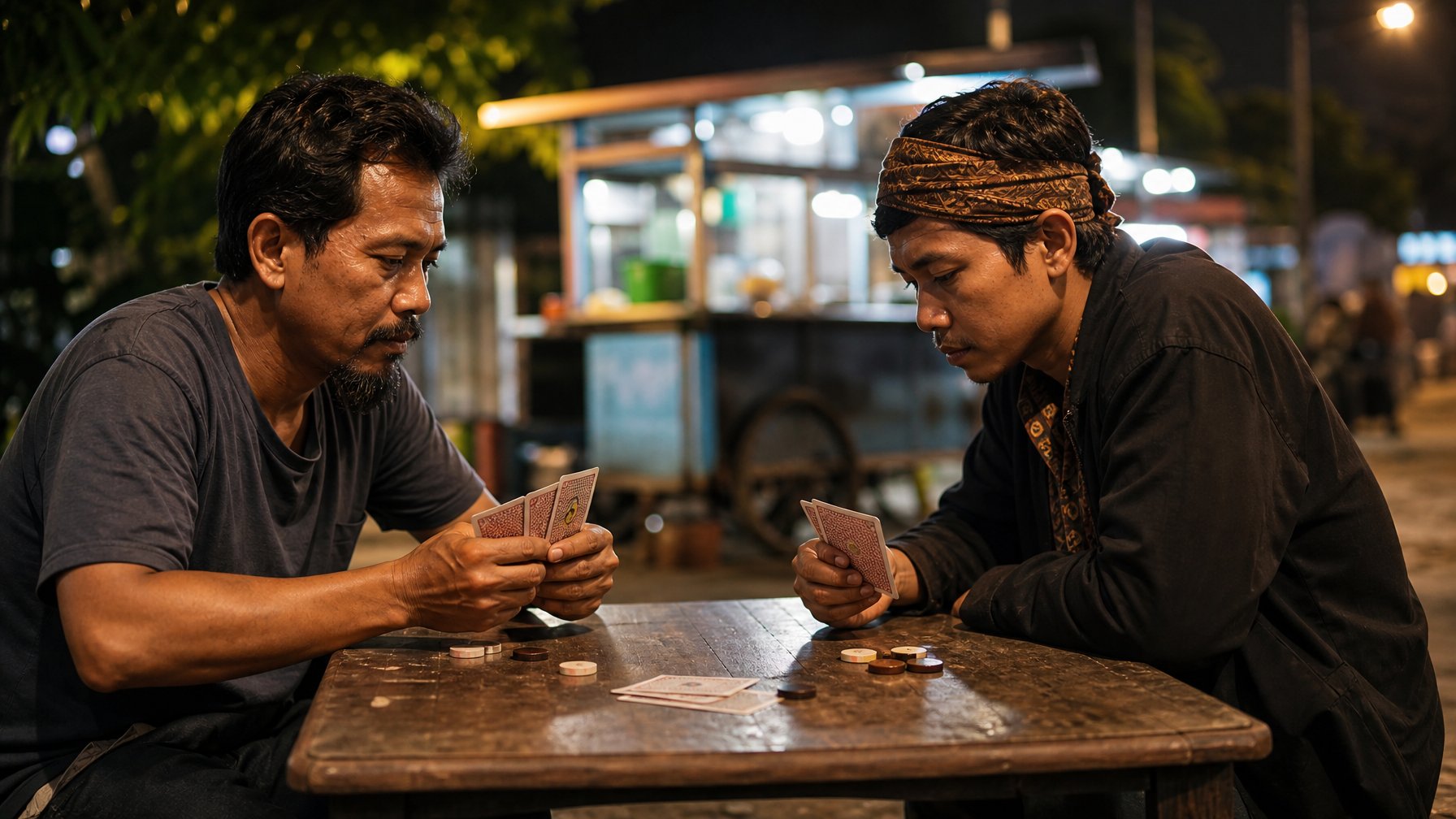 Dua pria sedang menganalisis kartu permainan di sebuah meja dalam suasana kafe malam.